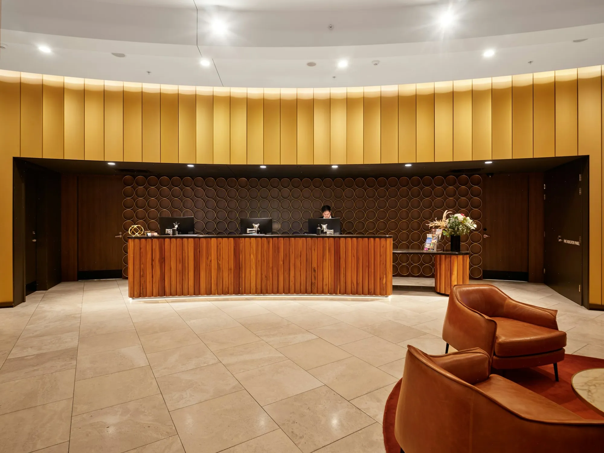 A hotel reception desk and lobby