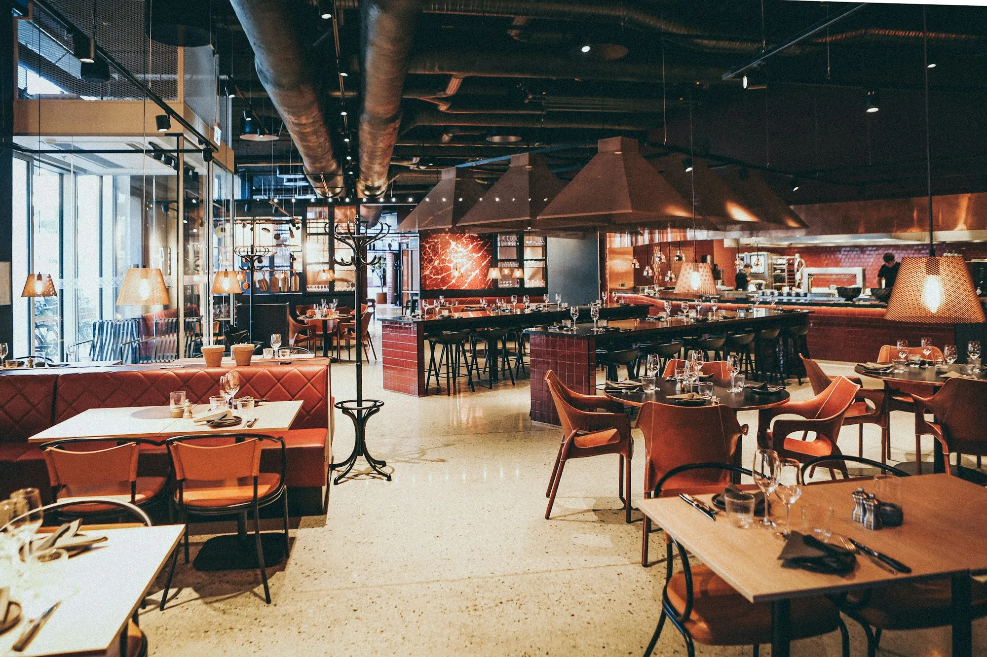 A warm, busy hotel restaurant